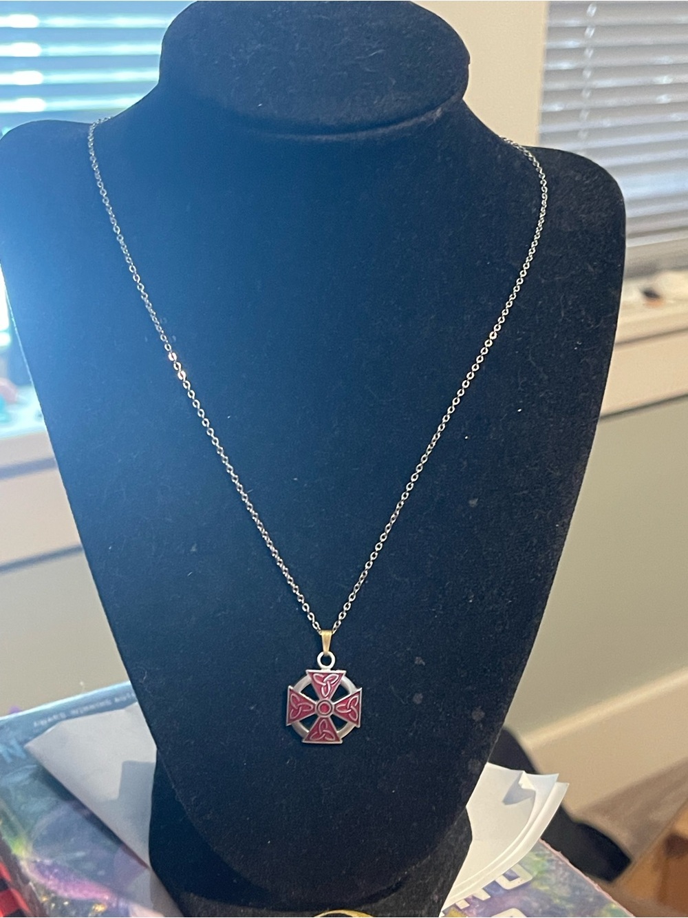 Silver Cross Pendant Necklace with Red Enamel Accents - Women Jewelry